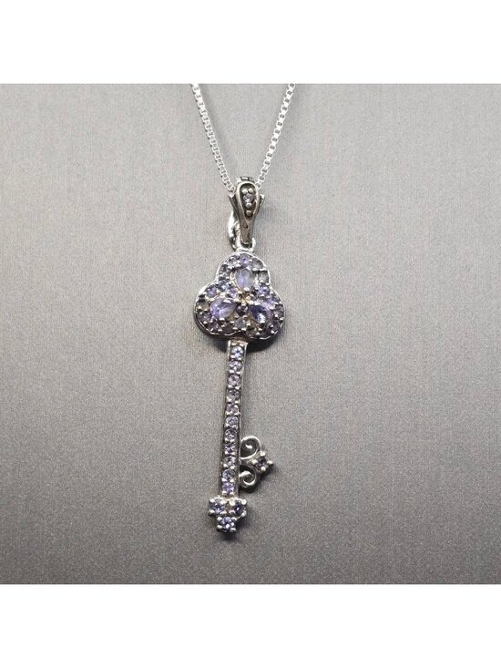 JC Jewelry - Vintage Sterling Silver Tanzanite Key Pendant Enhancer Necklace 18" Signed JC